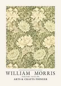 Plakat med William Morris-krysantemummønster i creme og olivengrøn samt tekst nederst