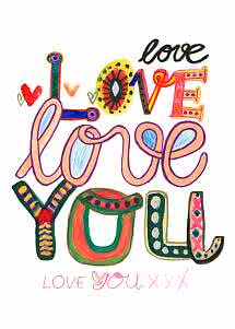 Colorful typographic poster with the words "I love love you" and small hearts on a white background