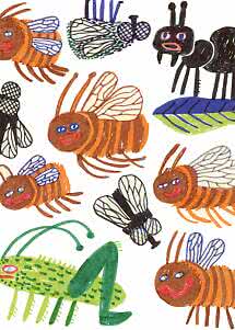 Illustration à motif avec abeilles, mouches, fourmi noire et sauterelle verte dessinées à la main.