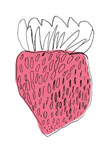 Stiliserad illustration av en rosa jordgubbe med svarta konturer på vit bakgrund