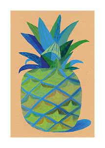 Kleurrijke illustratie van een ananas in groene en blauwe tinten op beige achtergrond