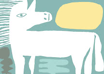 Stilisierte Illustration eines weißen Zebras oder Pferdes vor petrolfarbenem Hintergrund mit gelber Sonne