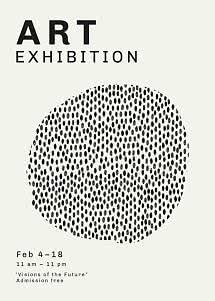 Poster minimalista di mostra d’arte con grande cerchio puntinato e testo con date, orari e ingresso gratuito