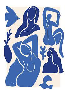 Abstract poster with blue figures, plants and a bird on a light beige background