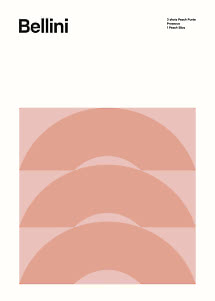 Minimalistisches Bellini-Poster mit rosa Bögen und Text zu Pfirsichpüree, Prosecco und Pfirsichscheibe