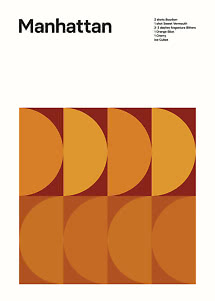 Grafisches Manhattan-Poster mit Zutatenliste und orangem geometrischem Muster auf hellem Hintergrund