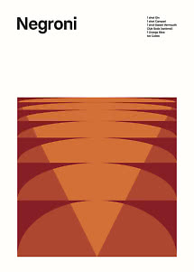 Grafische Negroni-poster met ingrediëntenlijst en oranje-rode geometrische vormen onderaan
