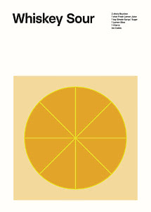 Poster mit Whiskey Sour Schriftzug, Zutatenliste und großer illustrierter Zitrusscheibe.