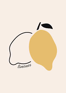 Illustrazione minimalista di limone giallo con contorno nero e scritta "limones" su sfondo beige