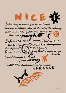 Abstract poster with the word NICE, handwritten text, and black and orange organic shapes on beige