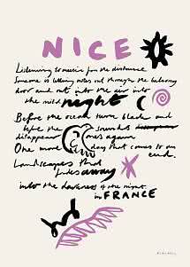 Poster with NICE in purple, handwritten text, and abstract black and purple shapes on a light background