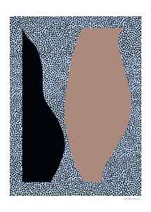 Abstract poster with black and beige vase shapes on a light blue dotted background