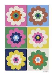 Illustration of six colorful flowers in a 2x3 grid on different backgrounds