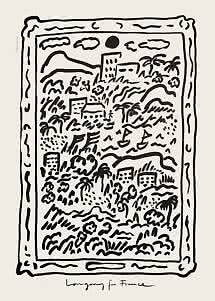 Black-and-white illustrated landscape in ornate frame with mountains, palms, houses and boats