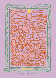 Abstract framed landscape poster with palm trees, buildings, and yellow sun on a lilac background
