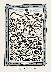 Abstract framed coastal landscape poster with palms, boats, and buildings in black, blue, and brown.
