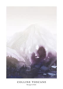Poster with soft watercolor of a pale mountain landscape, dark purple trees, and Italian text below