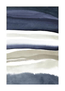 Acquerello astratto con strati orizzontali in tonalità blu scuro, grigio e beige
