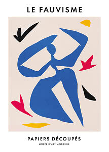 Poster with blue abstract figure and colorful cutouts, text 'Le Fauvisme' and 'Papiers Découpés'