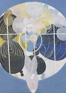 Abstract painting with circles, lines, and organic shapes in blue, white, yellow, and black.