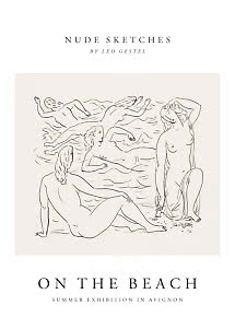 Poster with line drawing of nude women on the beach and the text "Nude Sketches" and "On the Beach".