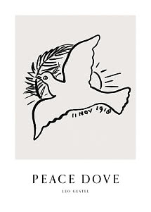 Poster minimalista con disegno a linee nere di una colomba in volo e scritta Peace Dove di Leo Gestel