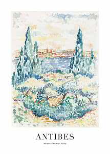 Poster with watercolor-style coastal landscape, blue trees and sea view, with the text Antibes.