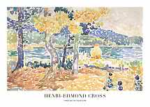 Acuarela de pinos en la costa con agua y follaje dorado, de Henri-Edmond Cross.