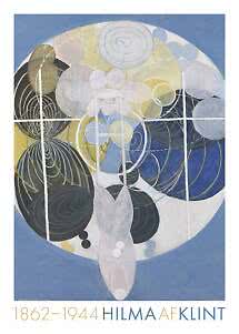 Abstraktes Hilma af Klint-Poster mit Kreisen, Spiralen und geometrischen Formen in Blau, Weiß und Gelb