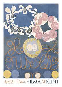 Affiche d’art abstrait avec fleurs blanches, cercles roses et lignes orange sur fond bleu.