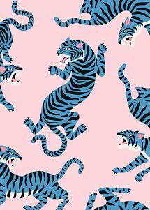 Pattern of blue tigers with black stripes on a light pink background