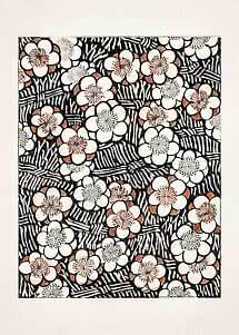 Blumenmuster mit weißen Blüten und schwarz gestreiften Blättern mit kupferfarbenen Details