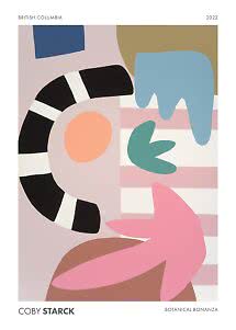 Abstraktes Poster mit weichen Farbflächen, Streifen und blattartigen Formen in Rosa, Blau, Grün und Schwarz