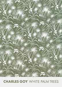 Olivgrünes Muster mit weißen Palmen und kleinen Häusern, Charles Goy White Palm Trees