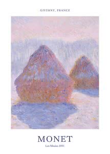 Monet poster with impressionist painting of two haystacks in snow, Giverny, France