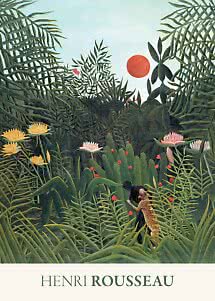 Henri Rousseau-plakat med frodig jungle, rød sol, blomster og to figurer i højt græs