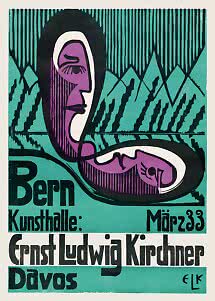Abstract turquoise and purple poster with stylized face and reclining figure, text for Ernst Ludwig Kirchner