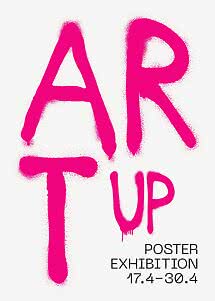 Konstposter med ”ART UP” i rosa sprayfärg och texten ”Poster Exhibition 17.4–30.4”.