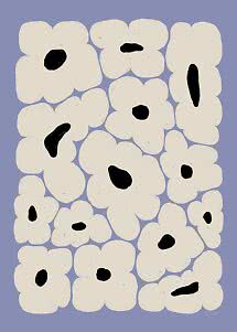 Abstract floral pattern with large cream-white flowers and black centers on a light purple background