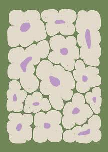 Abstraktes Blumenmuster mit cremeweißen Blüten und violetten Mitten auf grünem Hintergrund