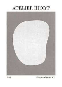Affiche abstraite avec forme ovale organique blanche sur fond gris, par Atelier Hjort.