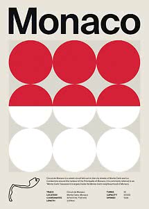 Grafisches Monaco-Poster mit roten und weißen Kreisen, Streckenverlauf und Infos zum Circuit de Monaco
