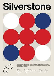Graphic Silverstone poster with red, white and blue circles, plus track outline and facts below.