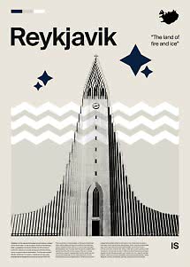 Poster di viaggio di Reykjavik con Hallgrímskirkja, sagoma dell’Islanda e testo "The land of fire and ice"