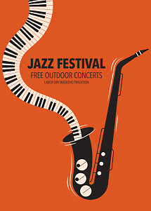 Orange jazzfestival-plakat med sort saxofon og bølgende klaviaturtangenter.
