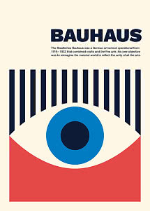 Plakat Bauhaus z dużym niebieskim kołem, czarnymi pionowymi liniami i czerwonym dołem