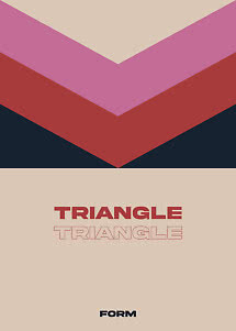 Affiche abstraite avec formes en V superposées beige, rose, rouge et bleu marine, texte Triangle