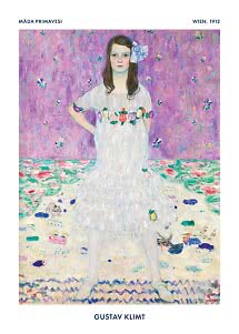 Poster med Gustav Klimts porträtt av en flicka i vit klänning mot lila blommig bakgrund.