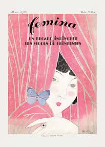 Art-déco-Magazincover mit Frau hinter rosa Vorhängen und blauem Schmetterling