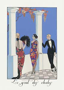 Art deco illustration of two women in patterned shawls and a man in tuxedo between columns